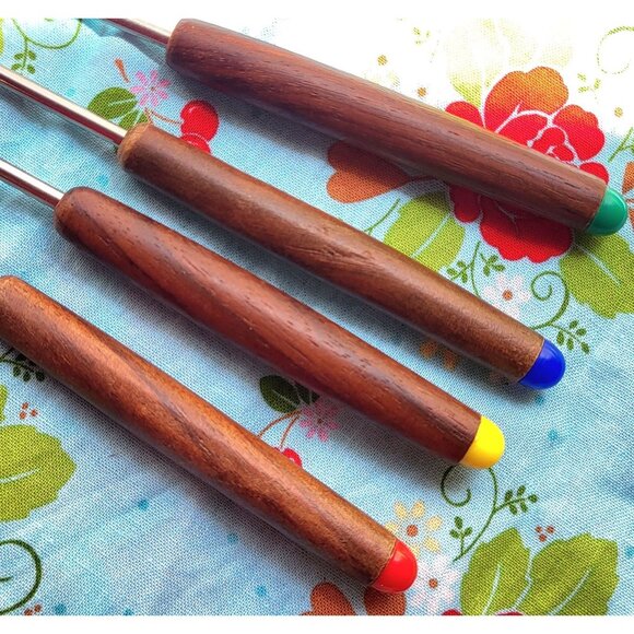 Oster Fondue Forks Stainless Steel MCM Wood Handle Color Dot 4each Vintage Japan - Picture 2 of 7